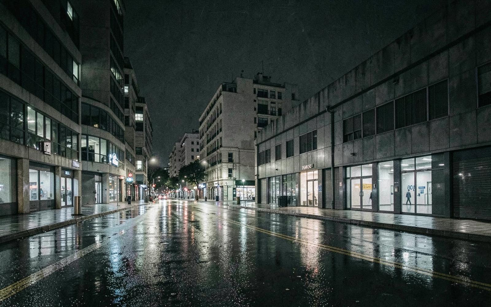 Calle de Madrid de noche con arquitectura contemporánea