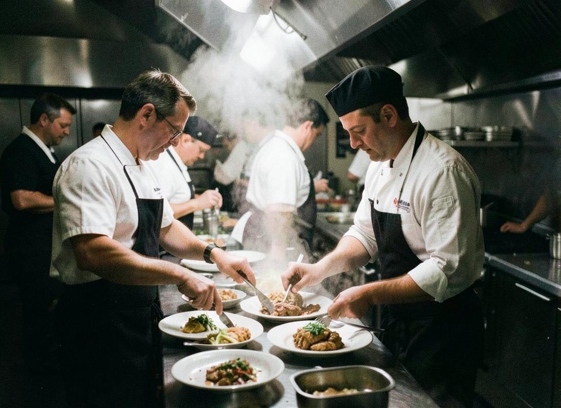 Cocina de catering emplatando durante un evento